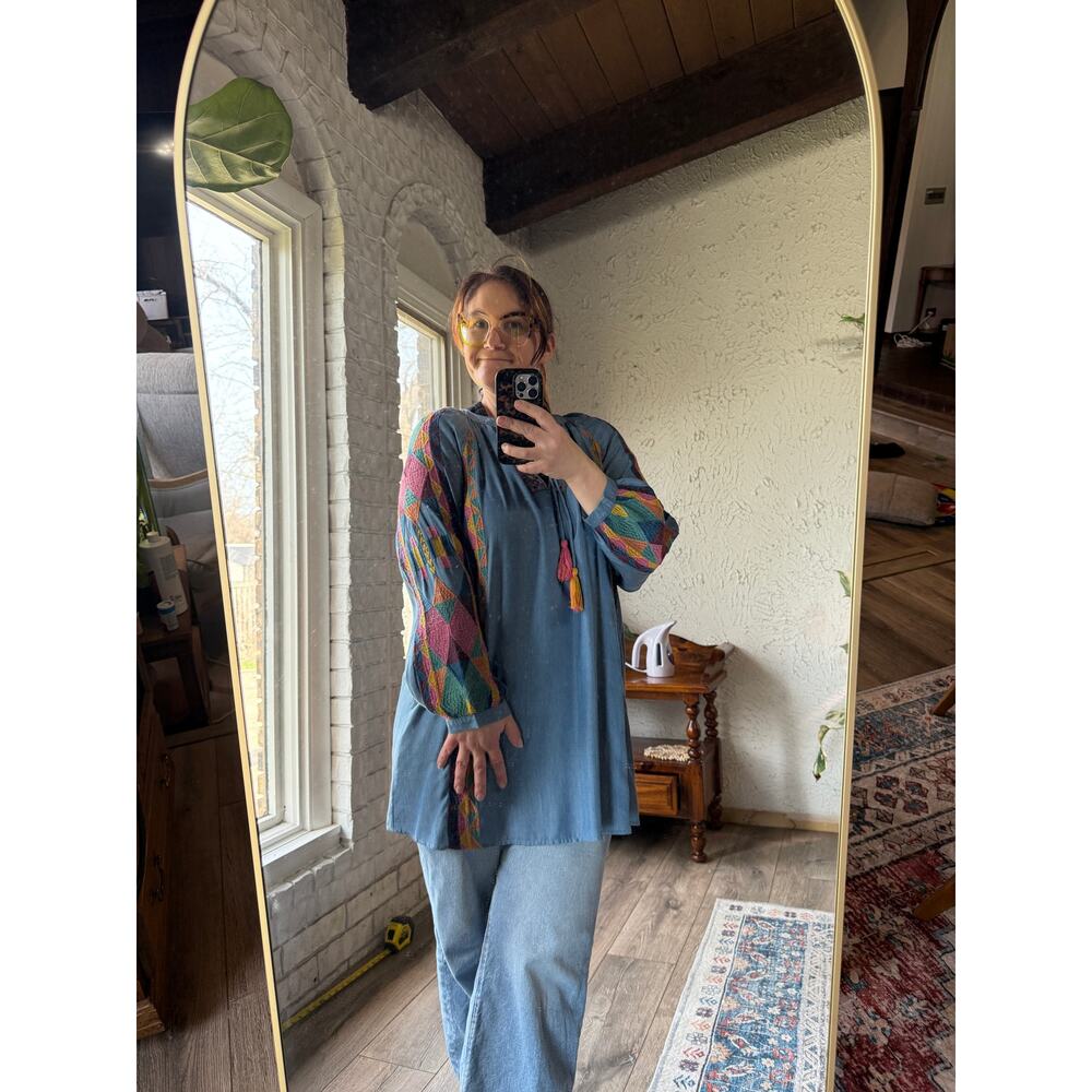 Zara TRF Embroidered Boho Tunic Top Blue Chambray Peasant Tassel Medium M Folk - Picture 8 of 8